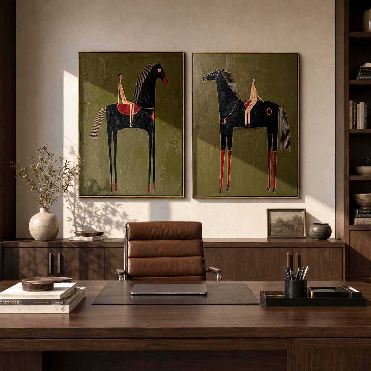 Black Horses Stand Tall diptych presented with natural materials and decor