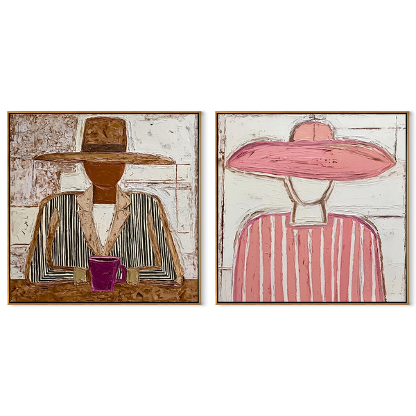 Cafe Cowgirls Hold Cups – pink Western Portrait Diptych Painting | Modern Vintage Americana Set of 2 Wall Art