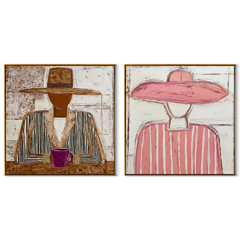 Cafe Cowgirls Hold Cups – pink Western Portrait Diptych Painting | Modern Vintage Americana Set of 2 Wall Art