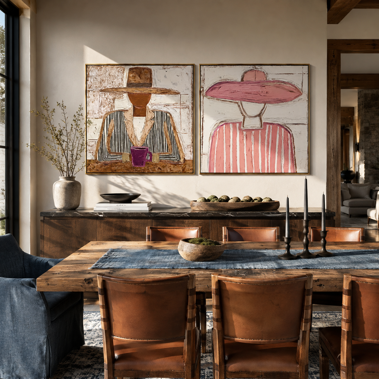 Cafe Cowgirls Hold Cups Vintage Americana diptych in a collected room