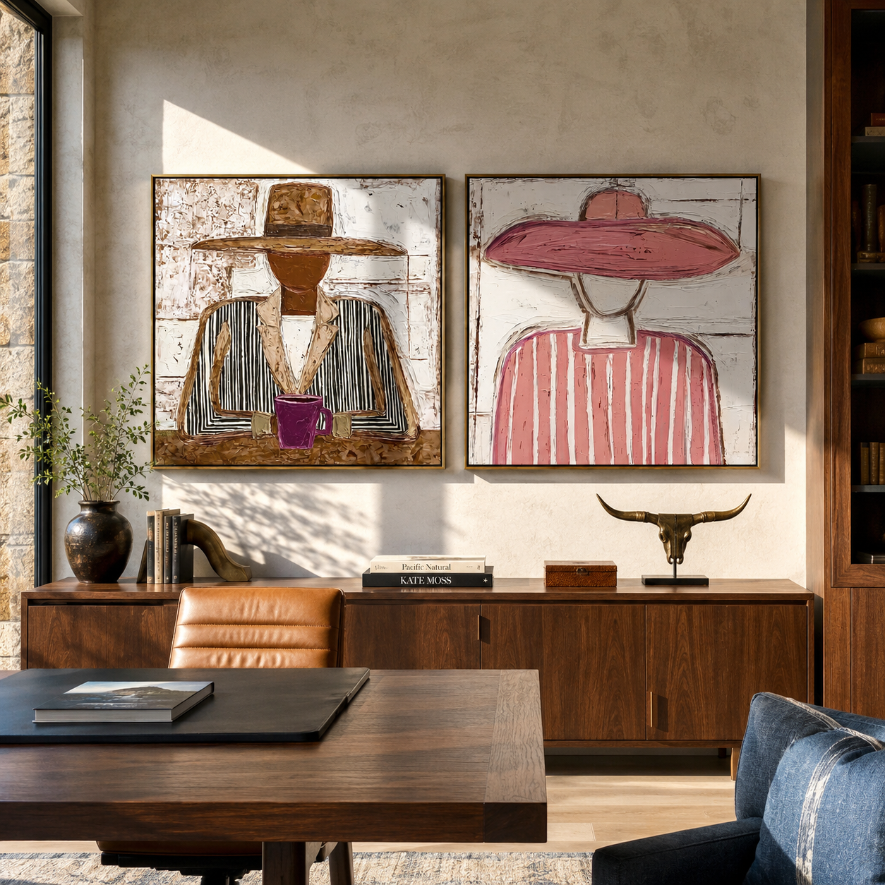 Cafe Cowgirls Hold Cups diptych presented with natural materials and decor