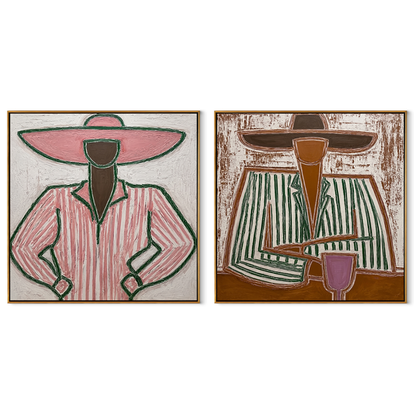 Coffee Brims Share Pause – brown Western Portrait Diptych Painting | Modern Vintage Americana Set of 2 Wall Art