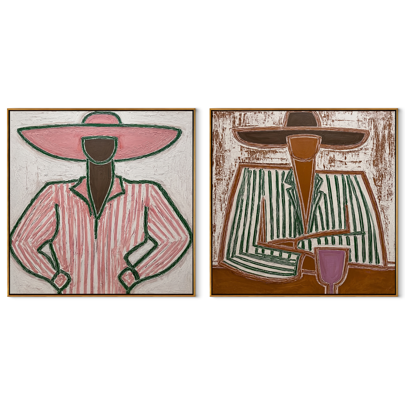 Coffee Brims Share Pause – brown Western Portrait Diptych Painting | Modern Vintage Americana Set of 2 Wall Art