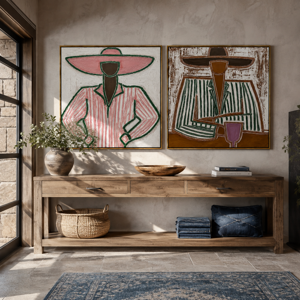 Coffee Brims Share Pause paired wall art styled above modern furniture