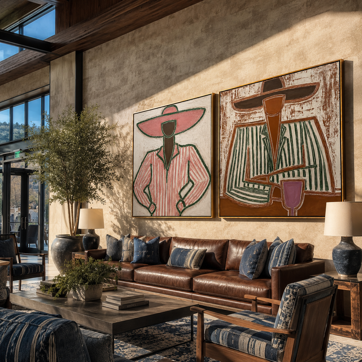 Coffee Brims Share Pause two-panel Western artwork with layered color