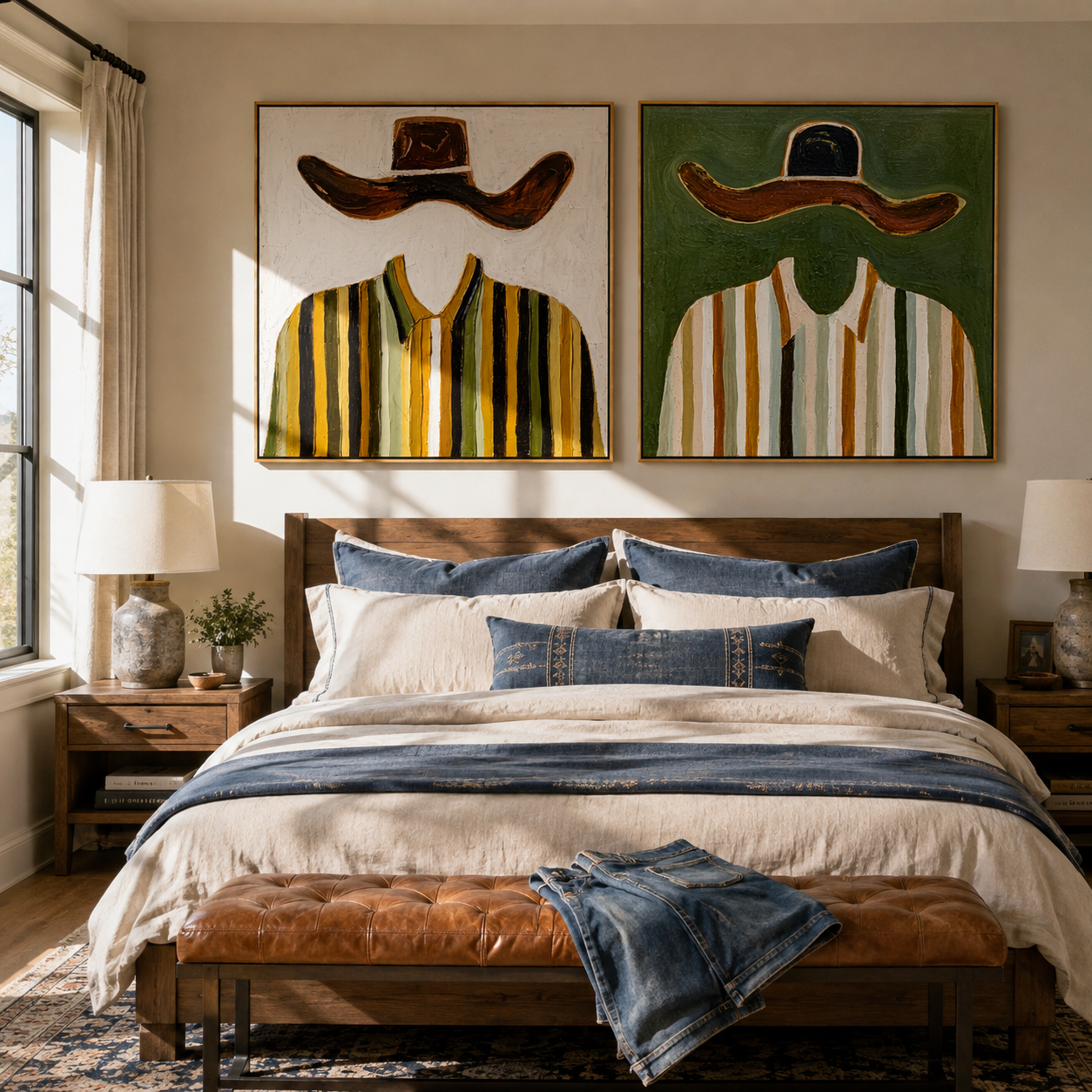 Mustard Shirts Meet Green Western diptych displayed in a contemporary interior