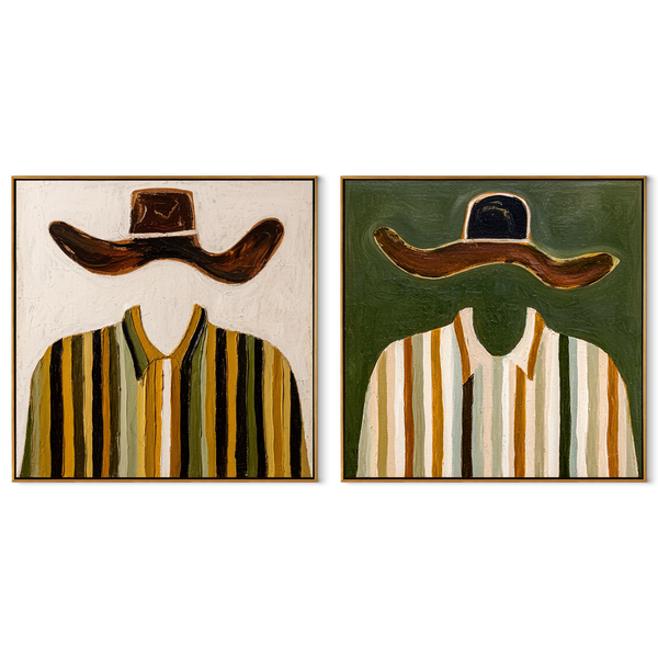 Mustard Shirts Meet Green – mustard Western Portrait Diptych Painting | Modern Vintage Americana Set of 2 Wall Art