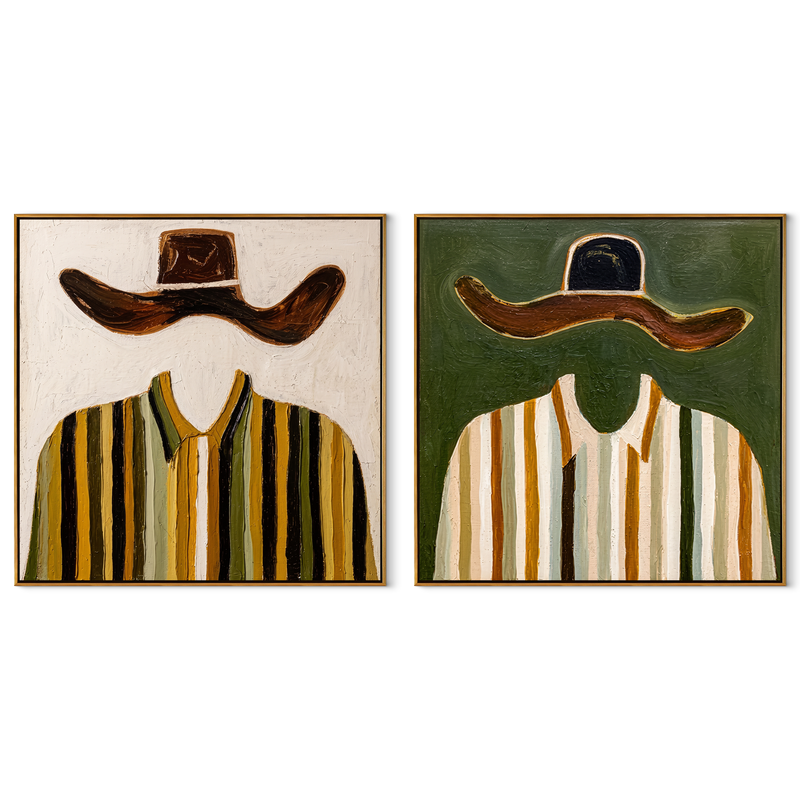 Mustard Shirts Meet Green – mustard Western Portrait Diptych Painting | Modern Vintage Americana Set of 2 Wall Art