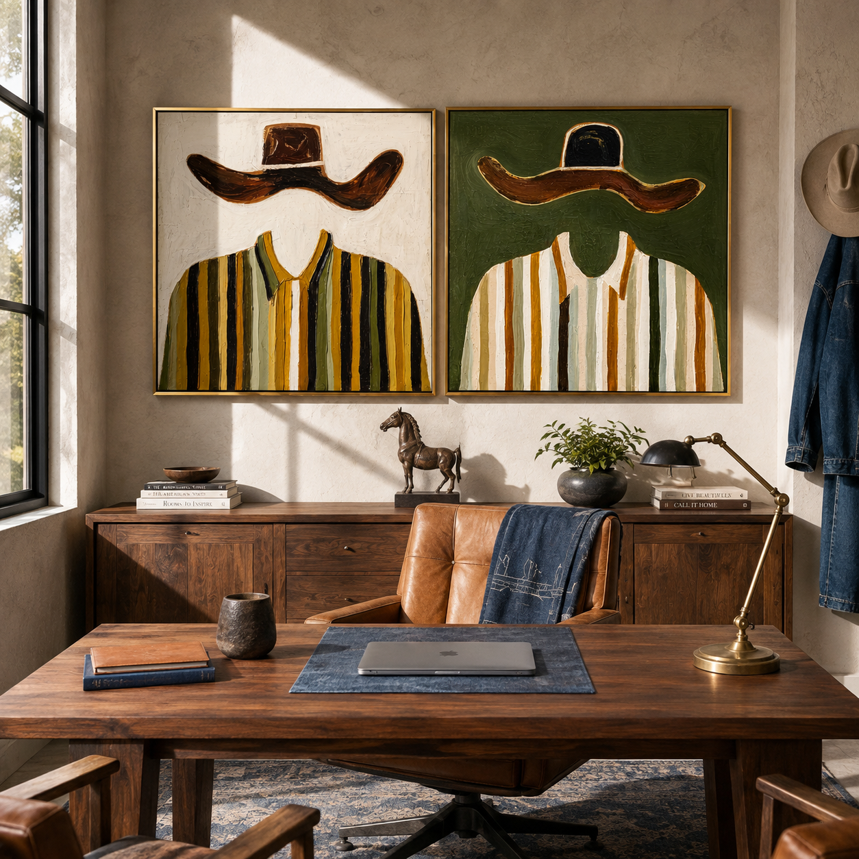 Mustard Shirts Meet Green diptych presented with natural materials and decor