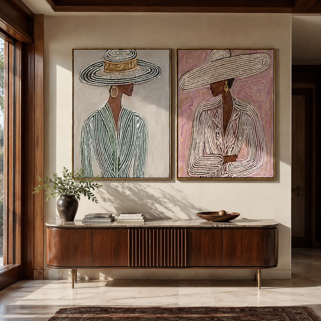 Pinstripe Brims Hold Grace Western diptych displayed in a contemporary interior