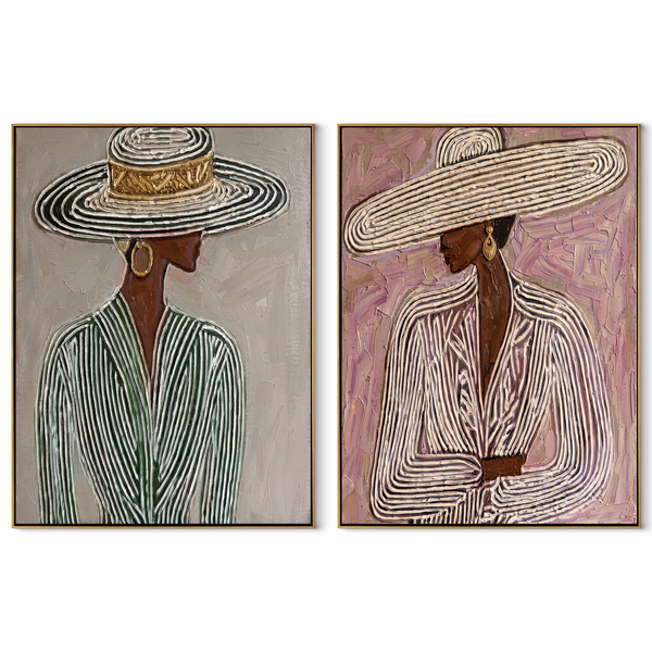 Pinstripe Brims Hold Grace – sage Western Portrait Diptych Painting | Modern Vintage Americana Set of 2 Wall Art