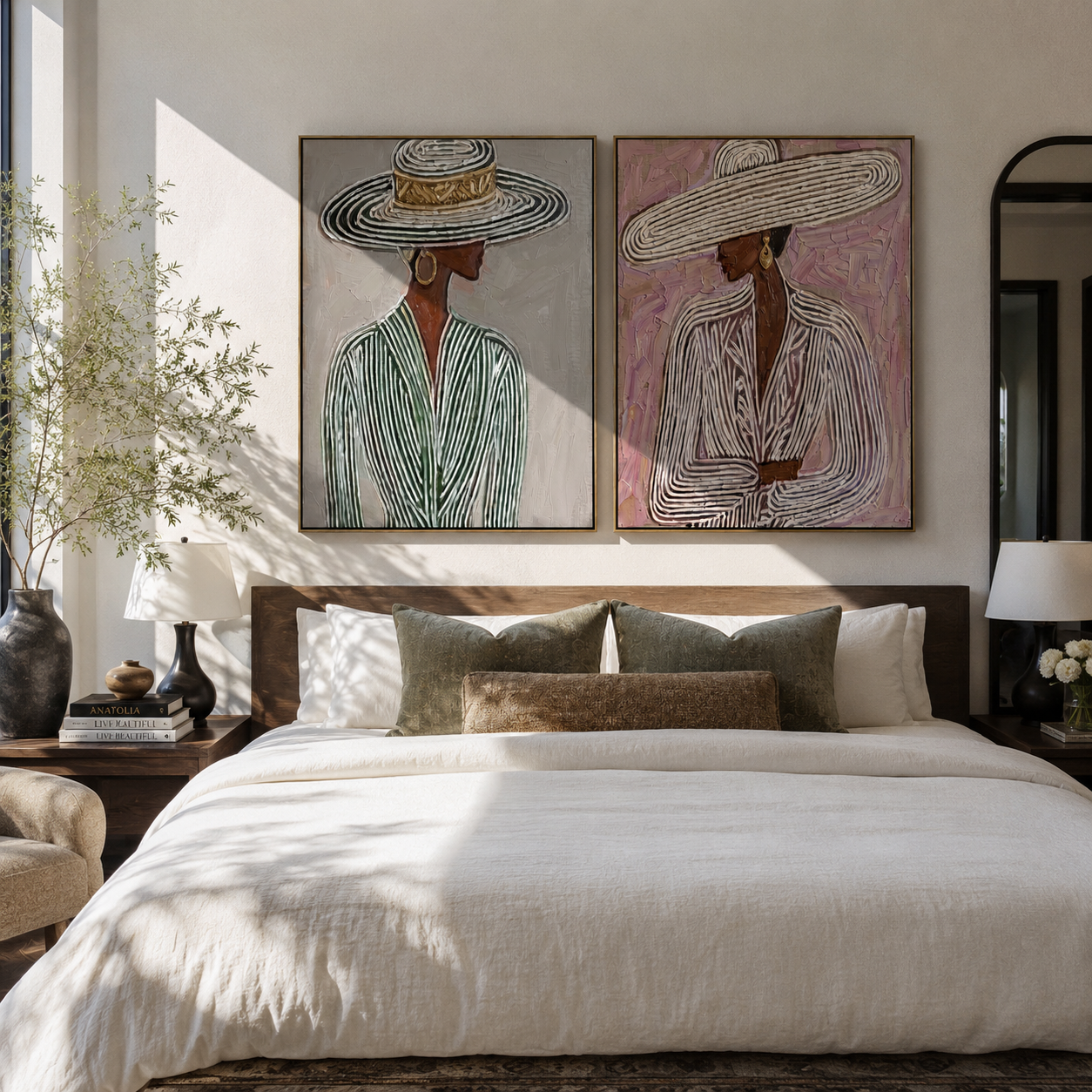 Pinstripe Brims Hold Grace paired wall art styled above modern furniture