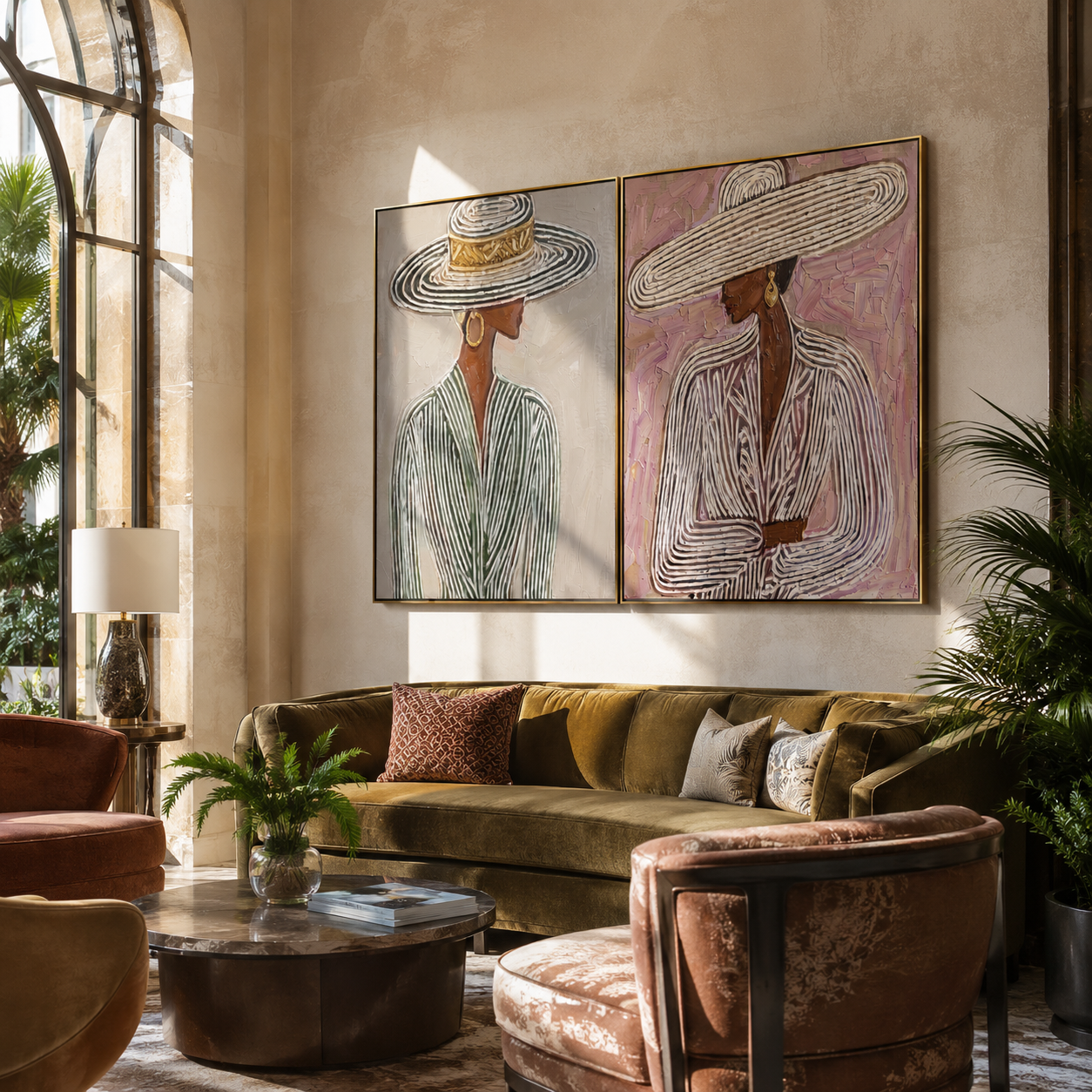 Pinstripe Brims Hold Grace two-panel Western artwork with layered color