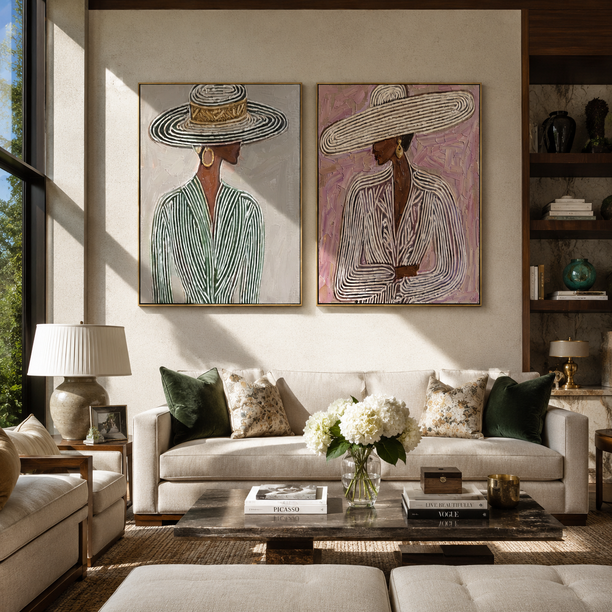 Pinstripe Brims Hold Grace diptych presented with natural materials and decor