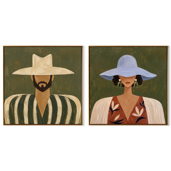 Two Brims Frame Faces – green Western Portrait Diptych Painting | Modern Vintage Americana Set of 2 Wall Art