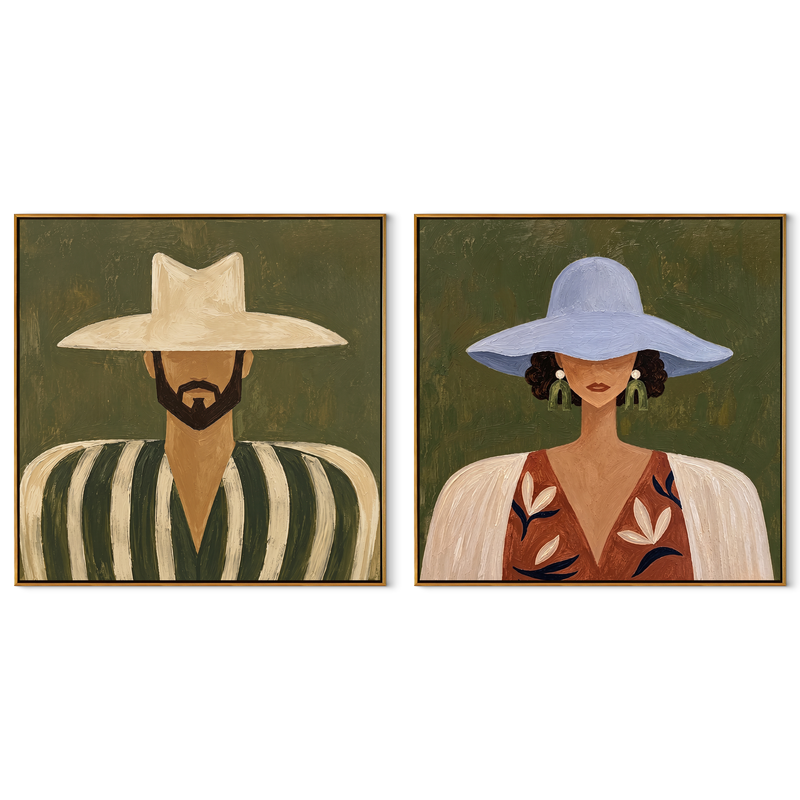 Two Brims Frame Faces – green Western Portrait Diptych Painting | Modern Vintage Americana Set of 2 Wall Art