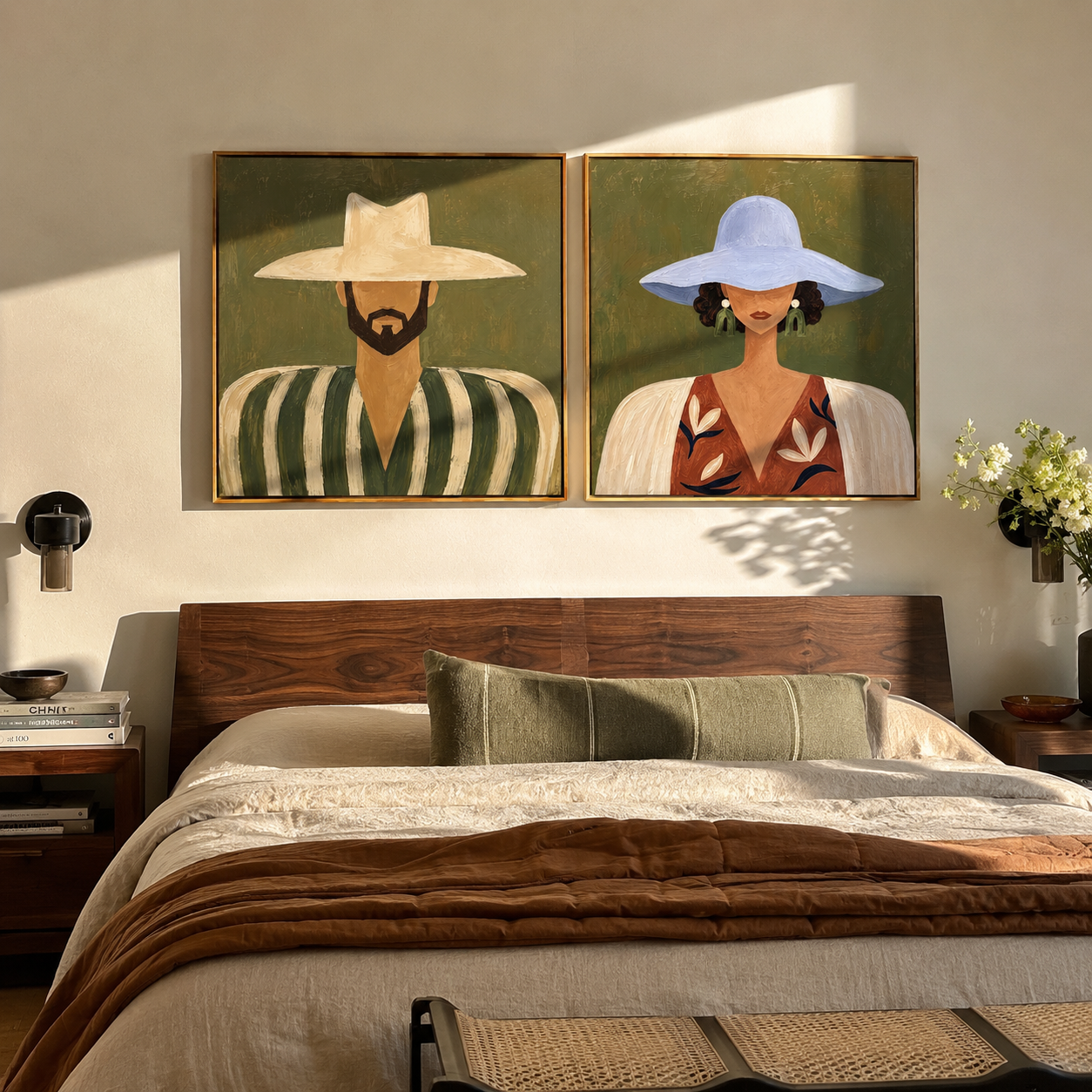 Two Brims Frame Faces paired wall art styled above modern furniture