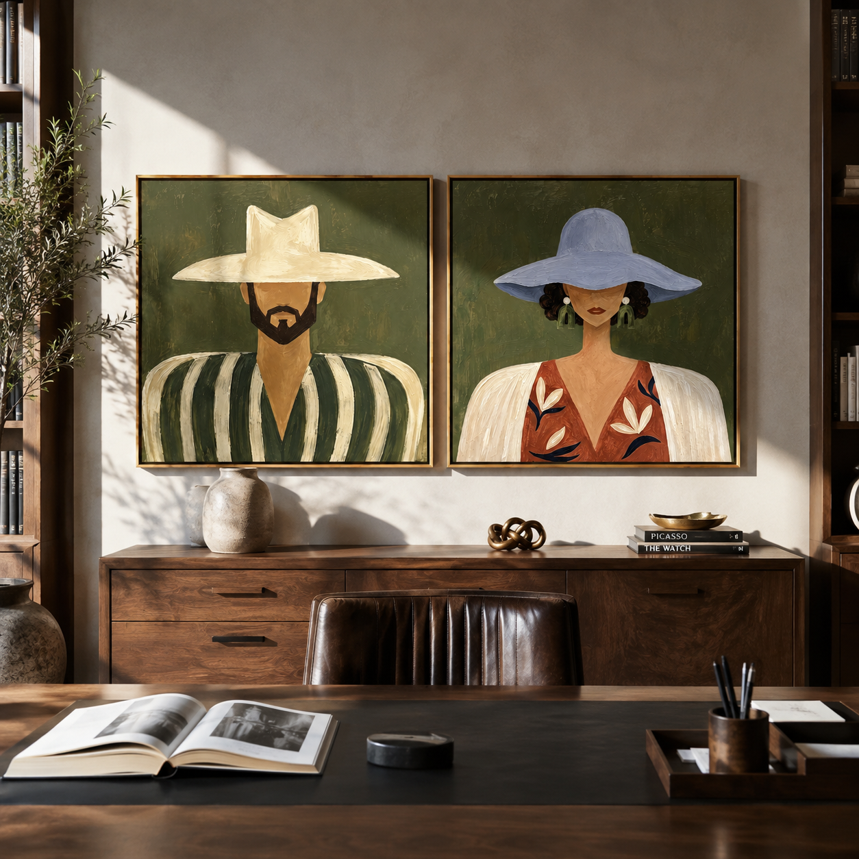 Two Brims Frame Faces two-panel Western artwork with layered color