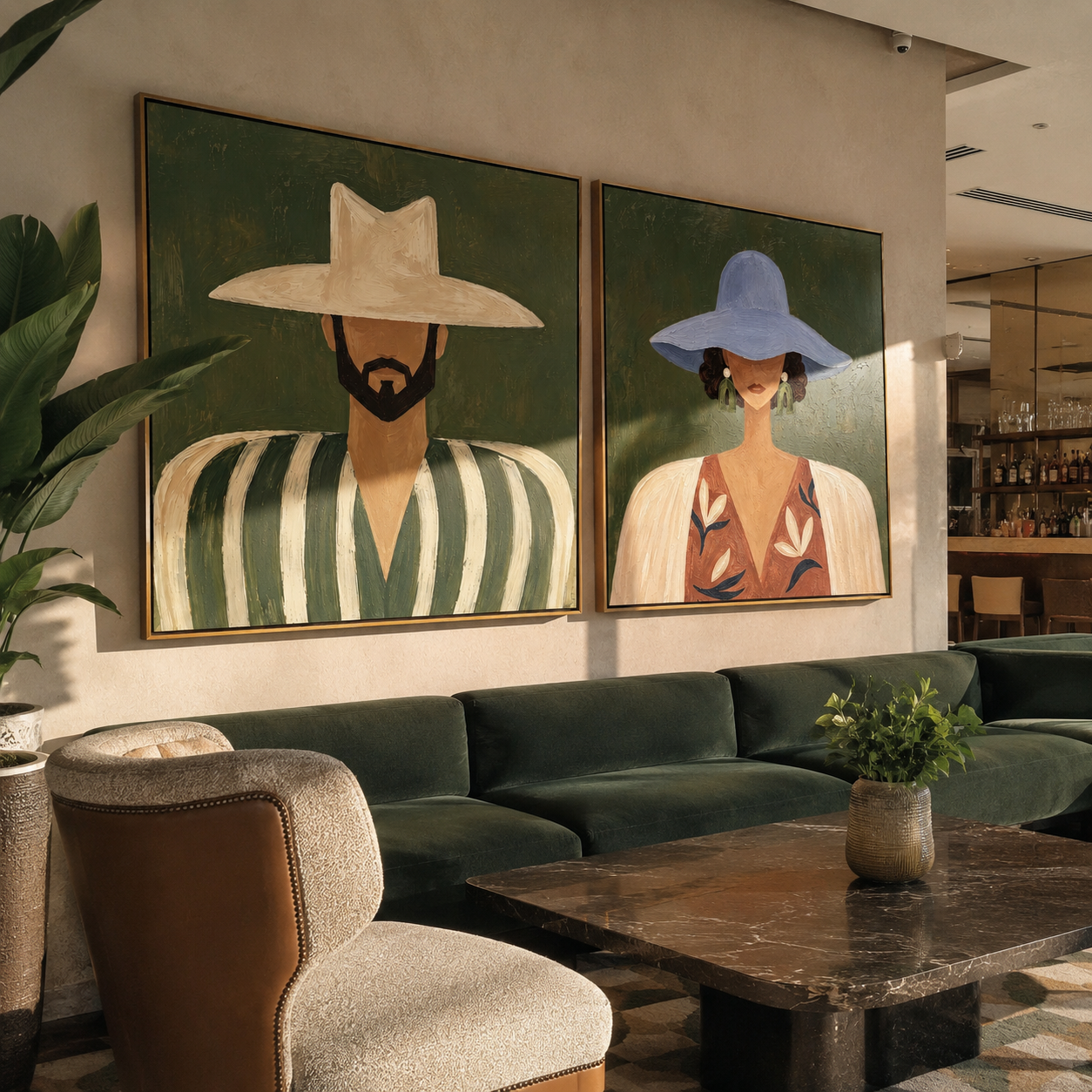 Two Brims Frame Faces diptych presented with natural materials and decor