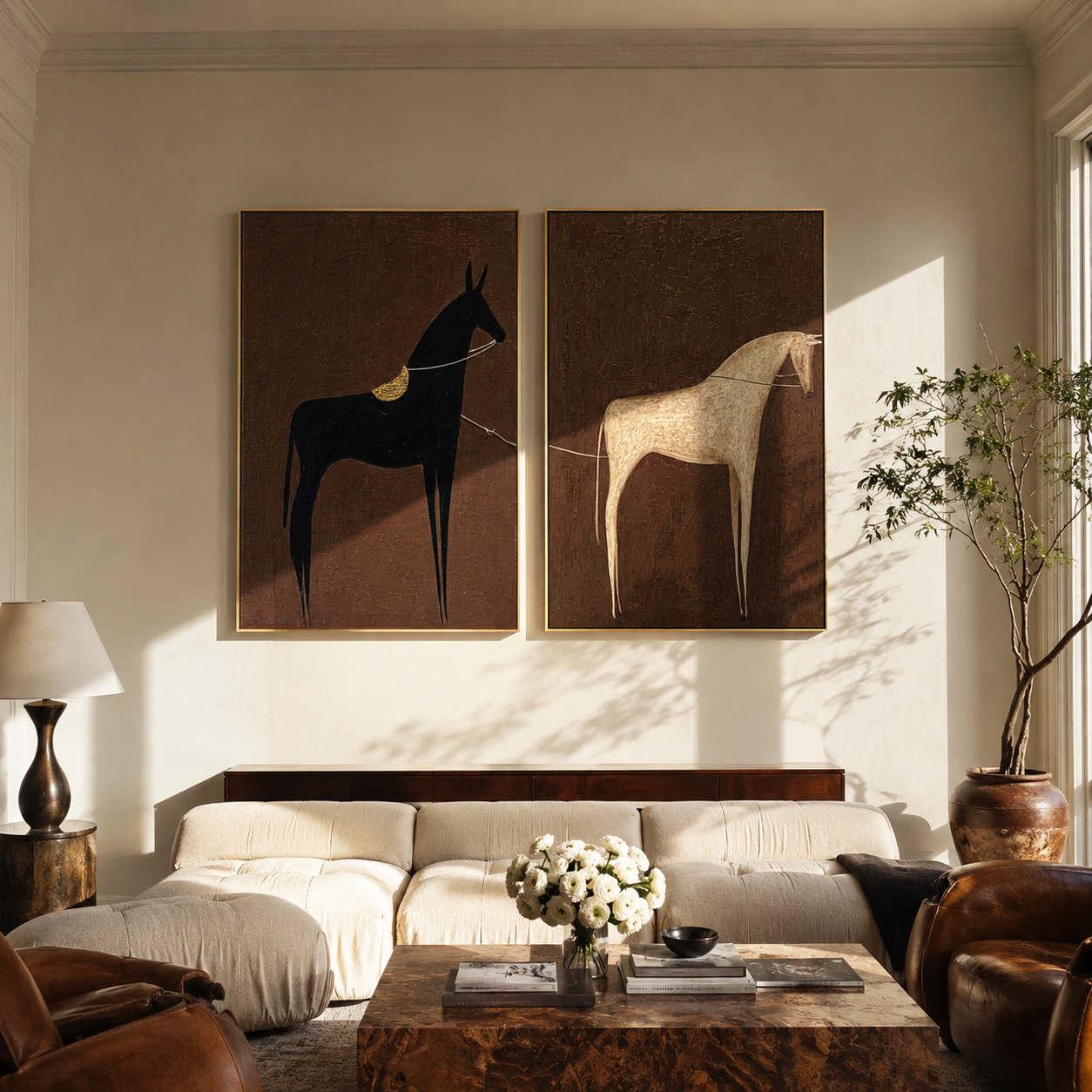 Pale Horse Meets Shadow Western diptych displayed in a contemporary interior