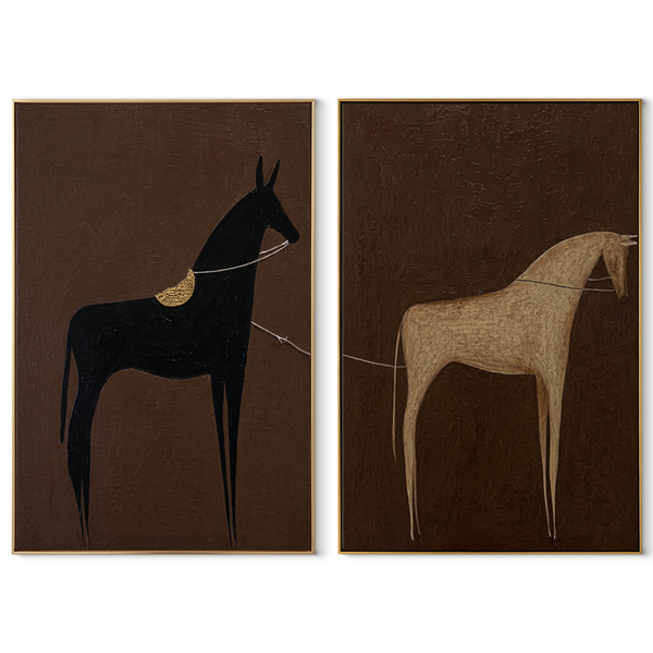 Pale Horse Meets Shadow – black Western Horse Diptych Painting | Modern Vintage Americana Set of 2 Wall Art