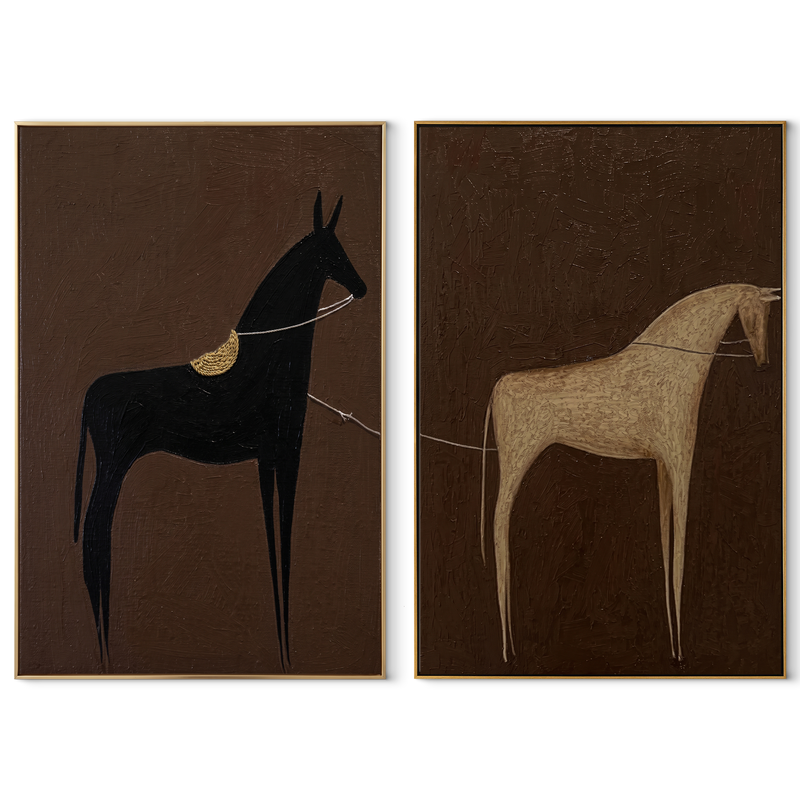 Pale Horse Meets Shadow – black Western Horse Diptych Painting | Modern Vintage Americana Set of 2 Wall Art