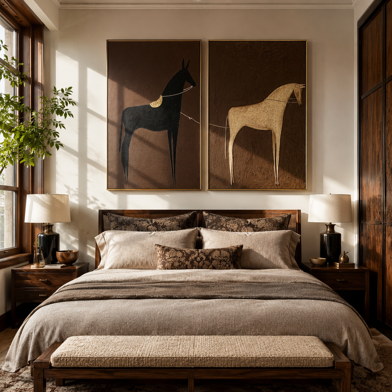 Pale Horse Meets Shadow paired wall art styled above modern furniture