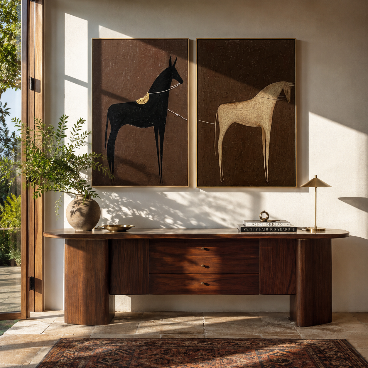 Pale Horse Meets Shadow Vintage Americana diptych in a collected room