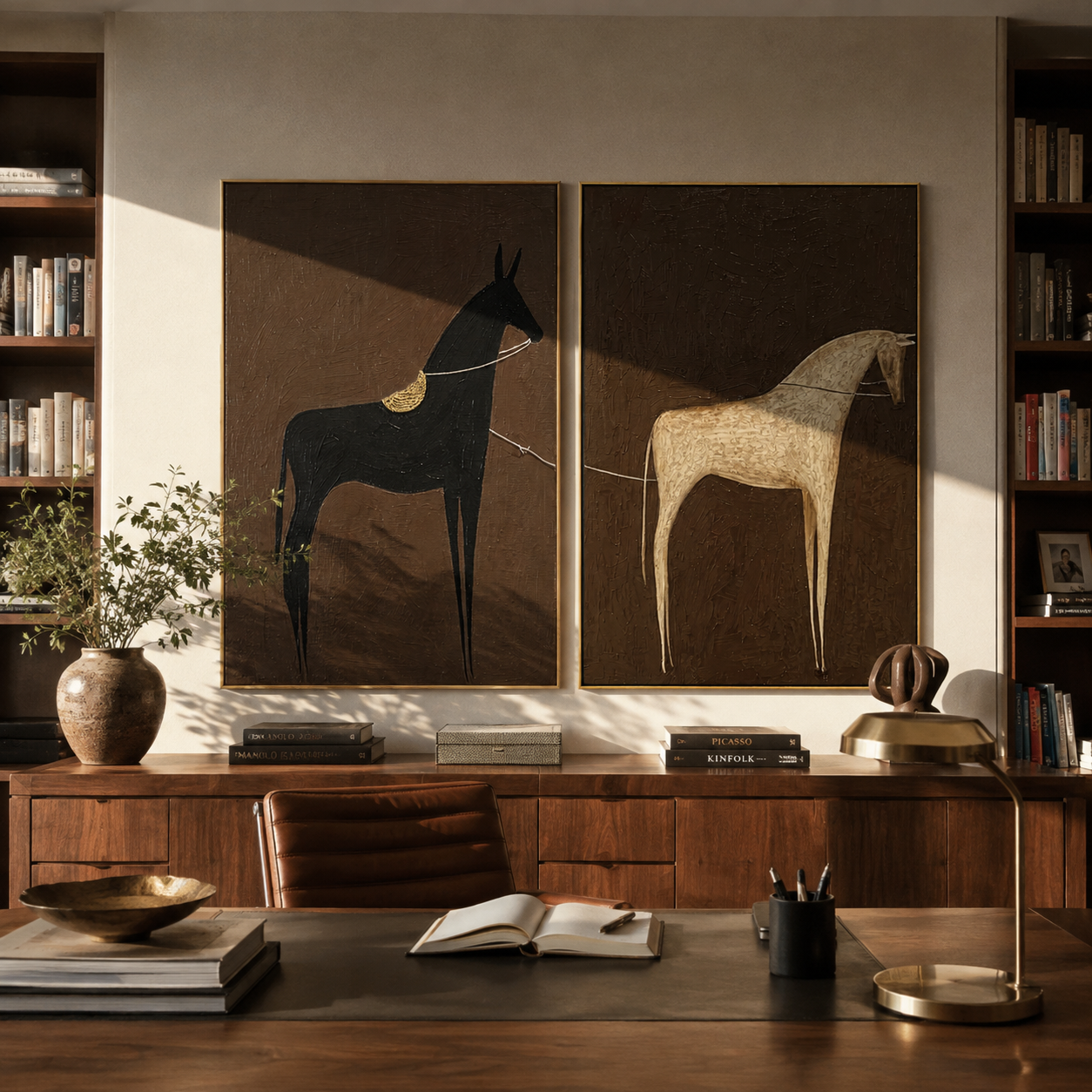 Pale Horse Meets Shadow two-panel Western artwork with layered color