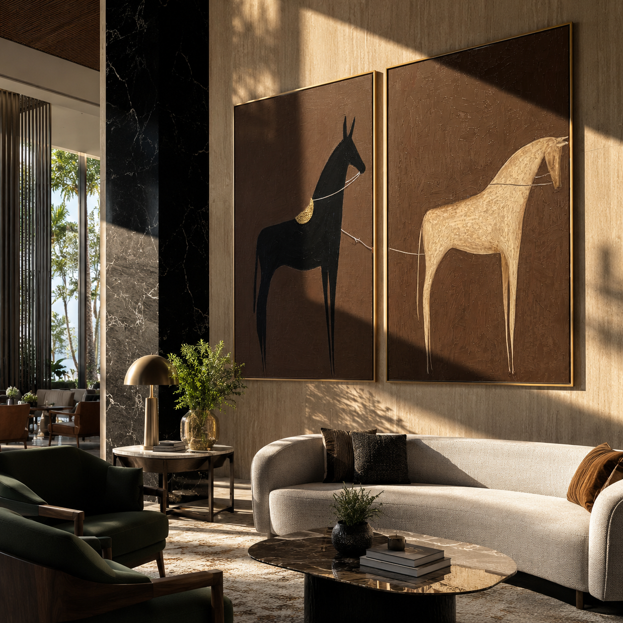 Pale Horse Meets Shadow diptych presented with natural materials and decor
