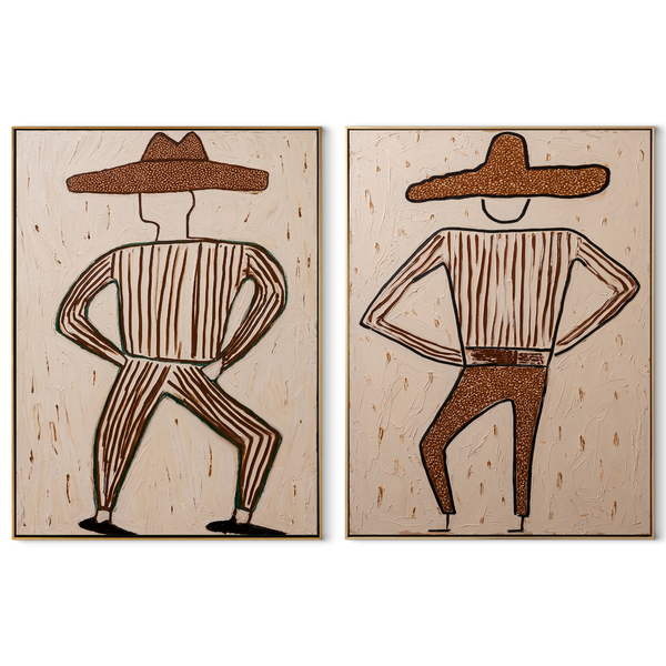 Dancing Cowboys Trace Dust – brown Western Portrait Diptych Painting | Modern Vintage Americana Set of 2 Wall Art