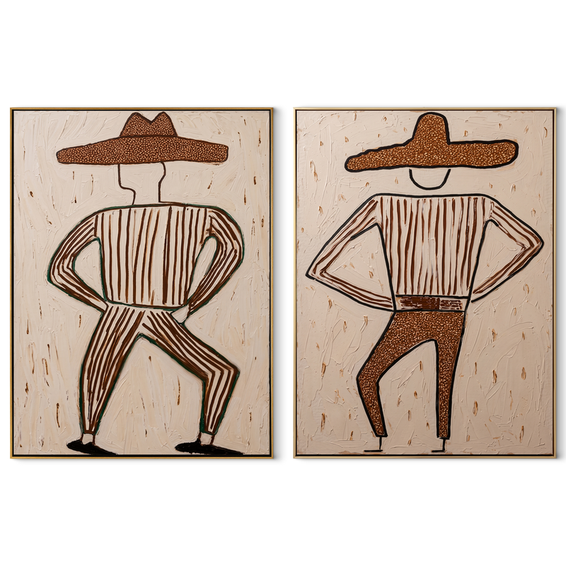 Dancing Cowboys Trace Dust – brown Western Portrait Diptych Painting | Modern Vintage Americana Set of 2 Wall Art