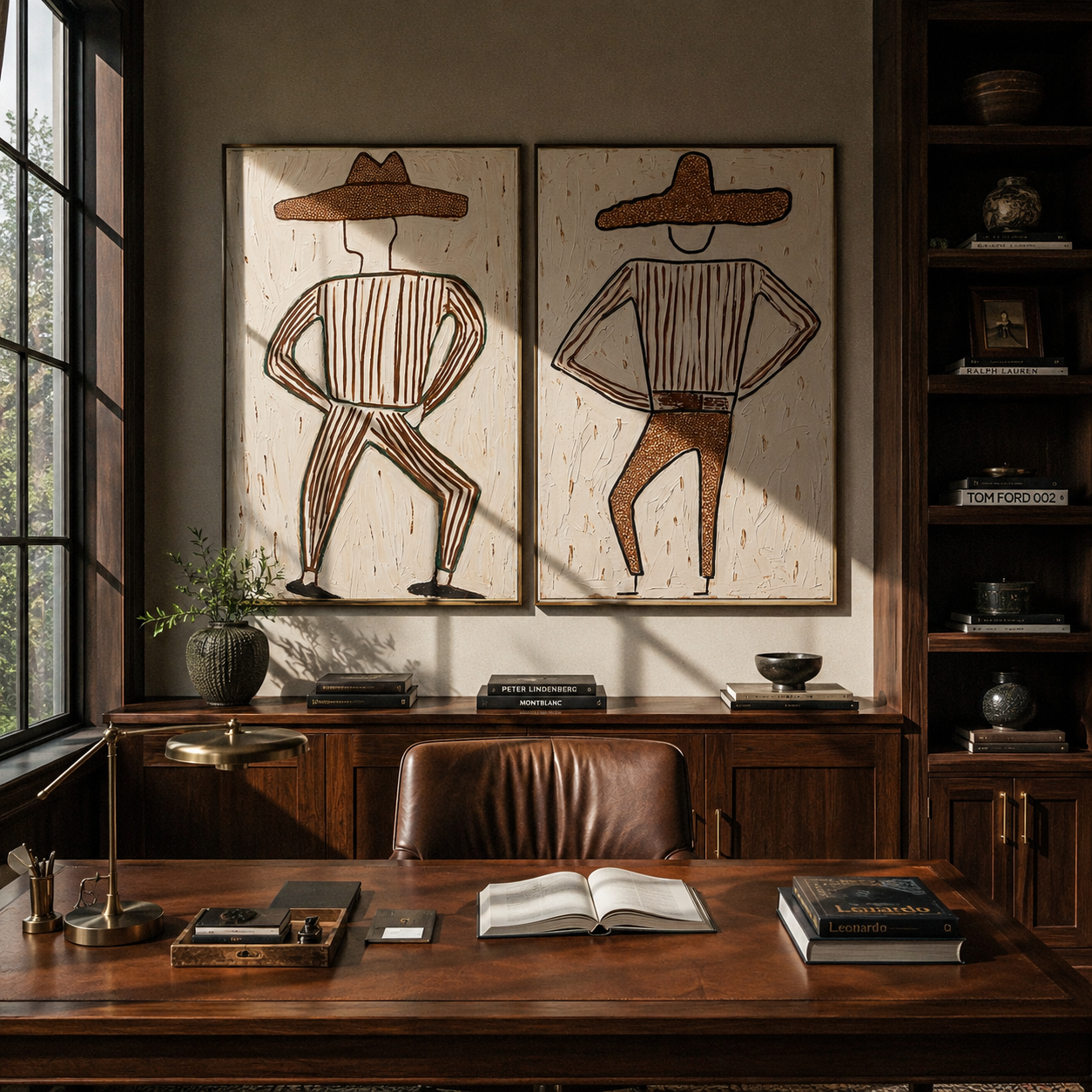 Dancing Cowboys Trace Dust diptych presented with natural materials and decor