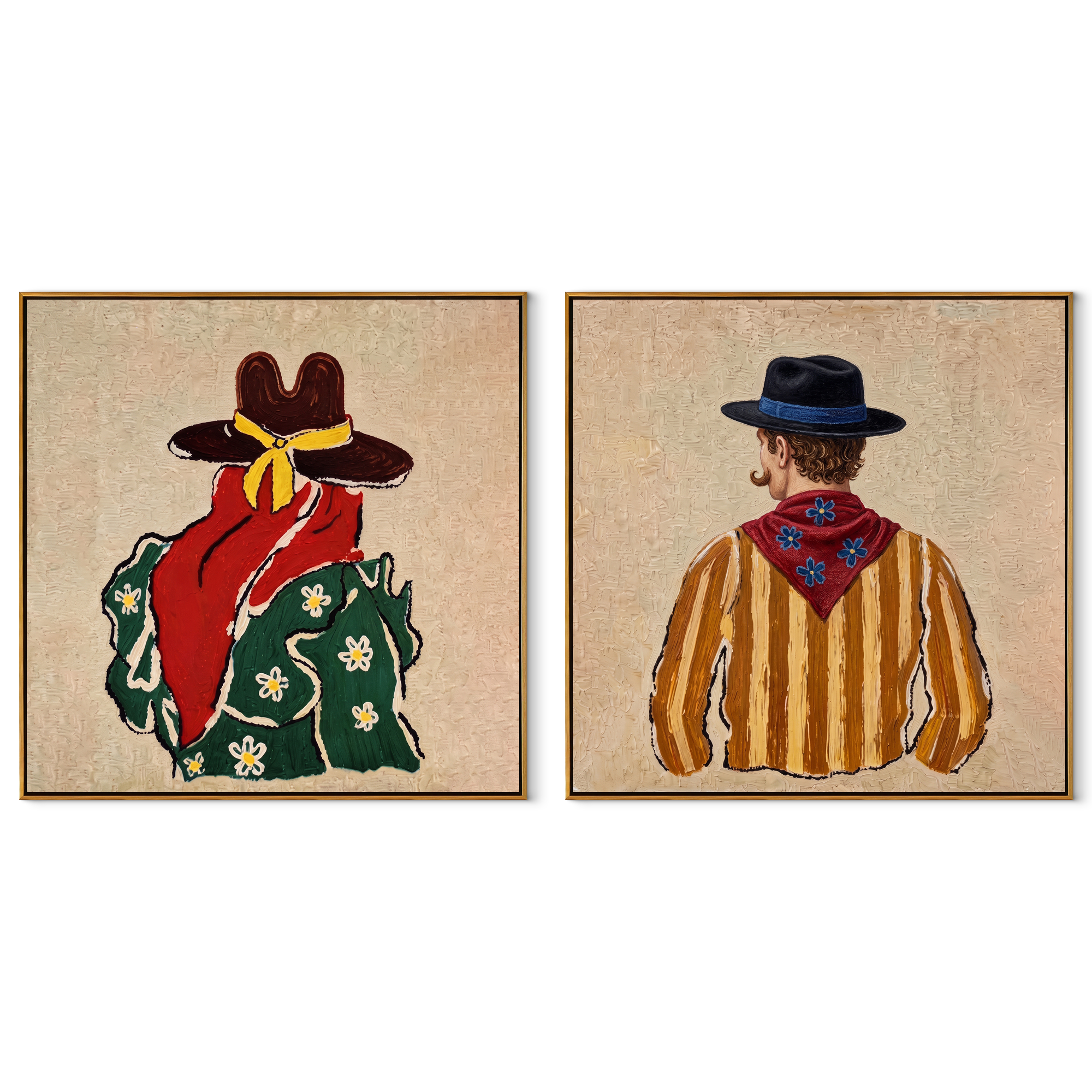 Bandanas Turn Toward Distance set of two square canvas artworks on white