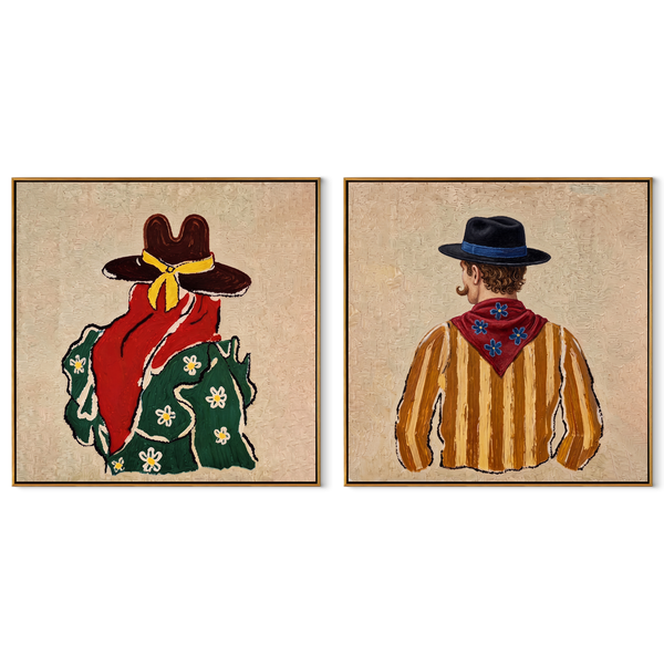 Bandanas Turn Toward Distance – coral Western Portrait Diptych Painting | Modern Vintage Americana Set of 2 Wall Art