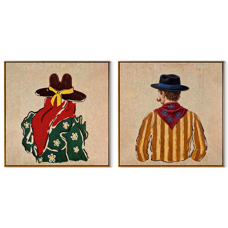 Bandanas Turn Toward Distance – coral Western Portrait Diptych Painting | Modern Vintage Americana Set of 2 Wall Art