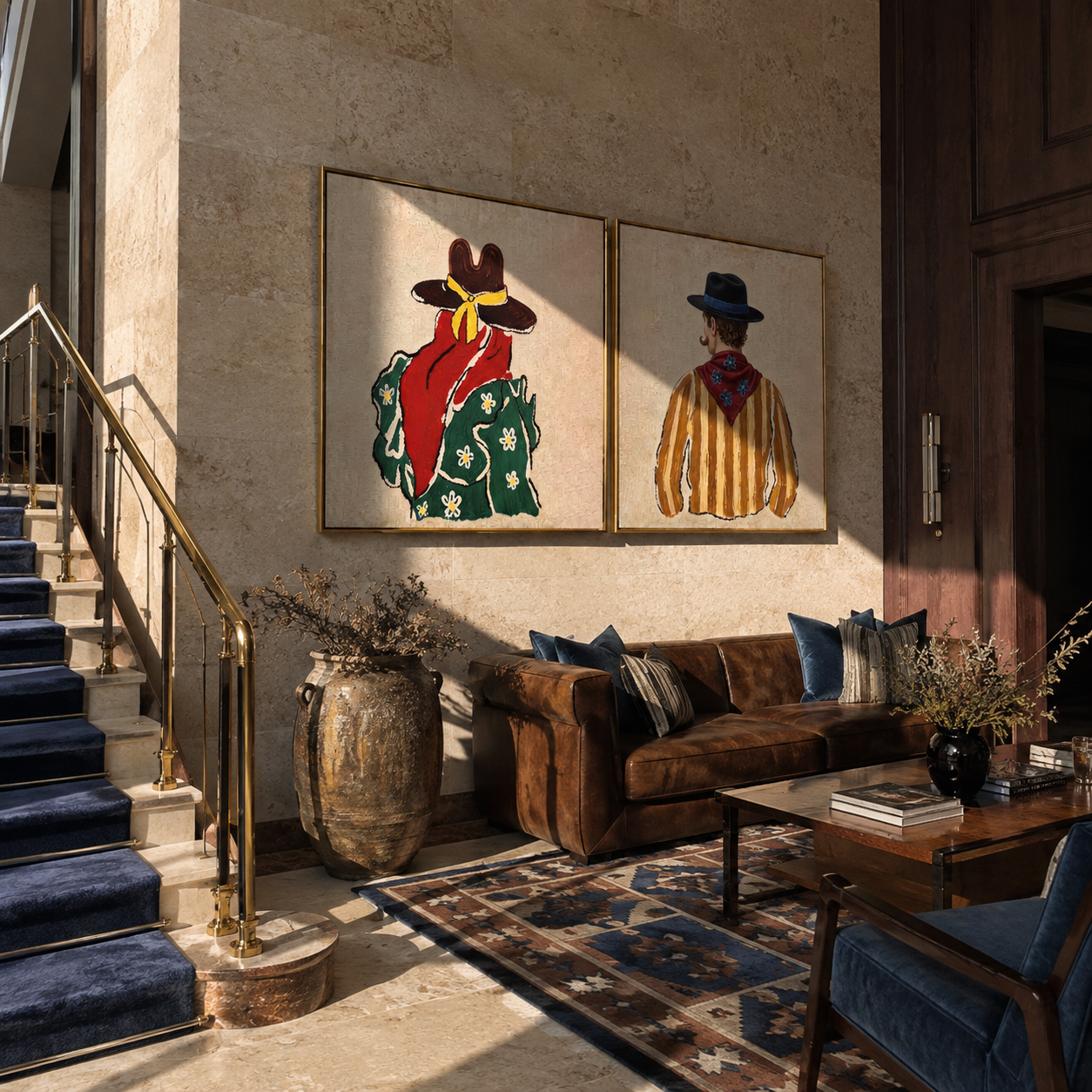 Bandanas Turn Toward Distance paired wall art styled above modern furniture