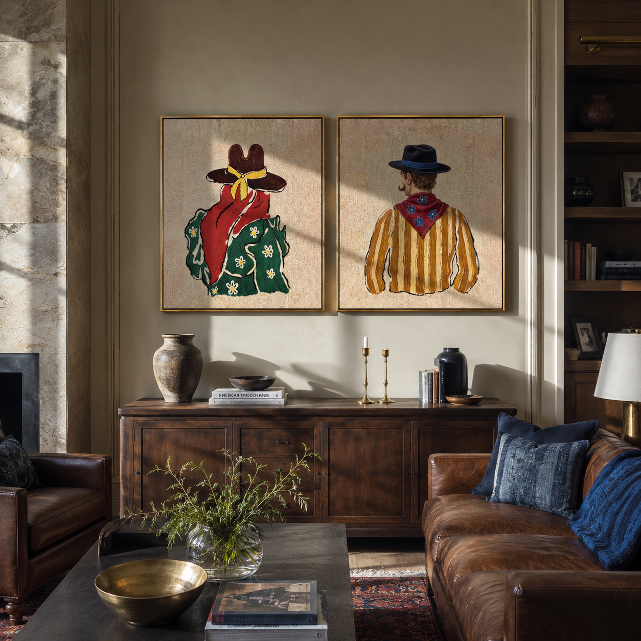 Bandanas Turn Toward Distance Vintage Americana diptych in a collected room