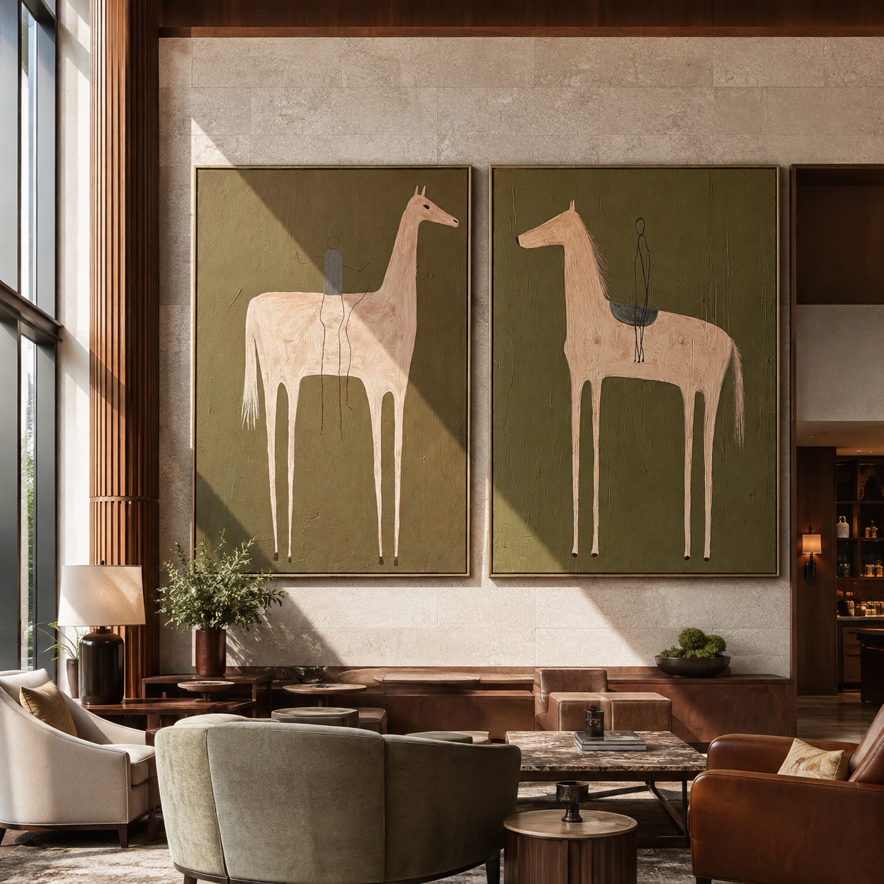 Pale Riders Reach Sky Western diptych displayed in a contemporary interior