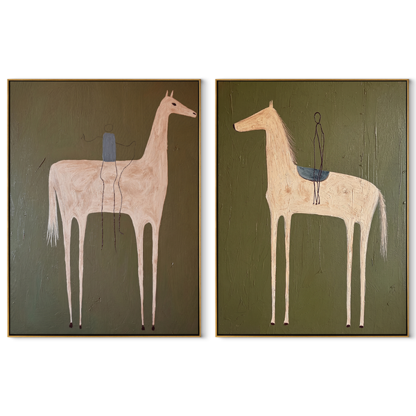 Pale Riders Reach Sky – olive Western Rider Diptych Painting | Modern Vintage Americana Set of 2 Wall Art