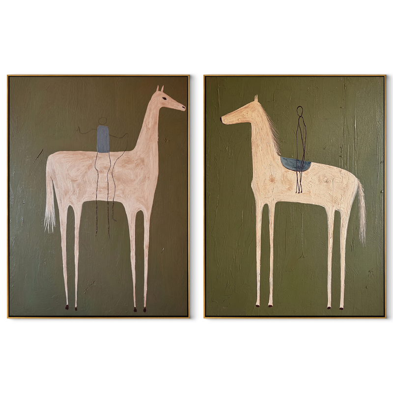 Pale Riders Reach Sky – olive Western Rider Diptych Painting | Modern Vintage Americana Set of 2 Wall Art