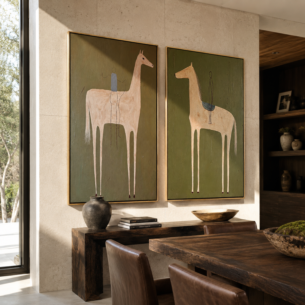 Pale Riders Reach Sky paired wall art styled above modern furniture