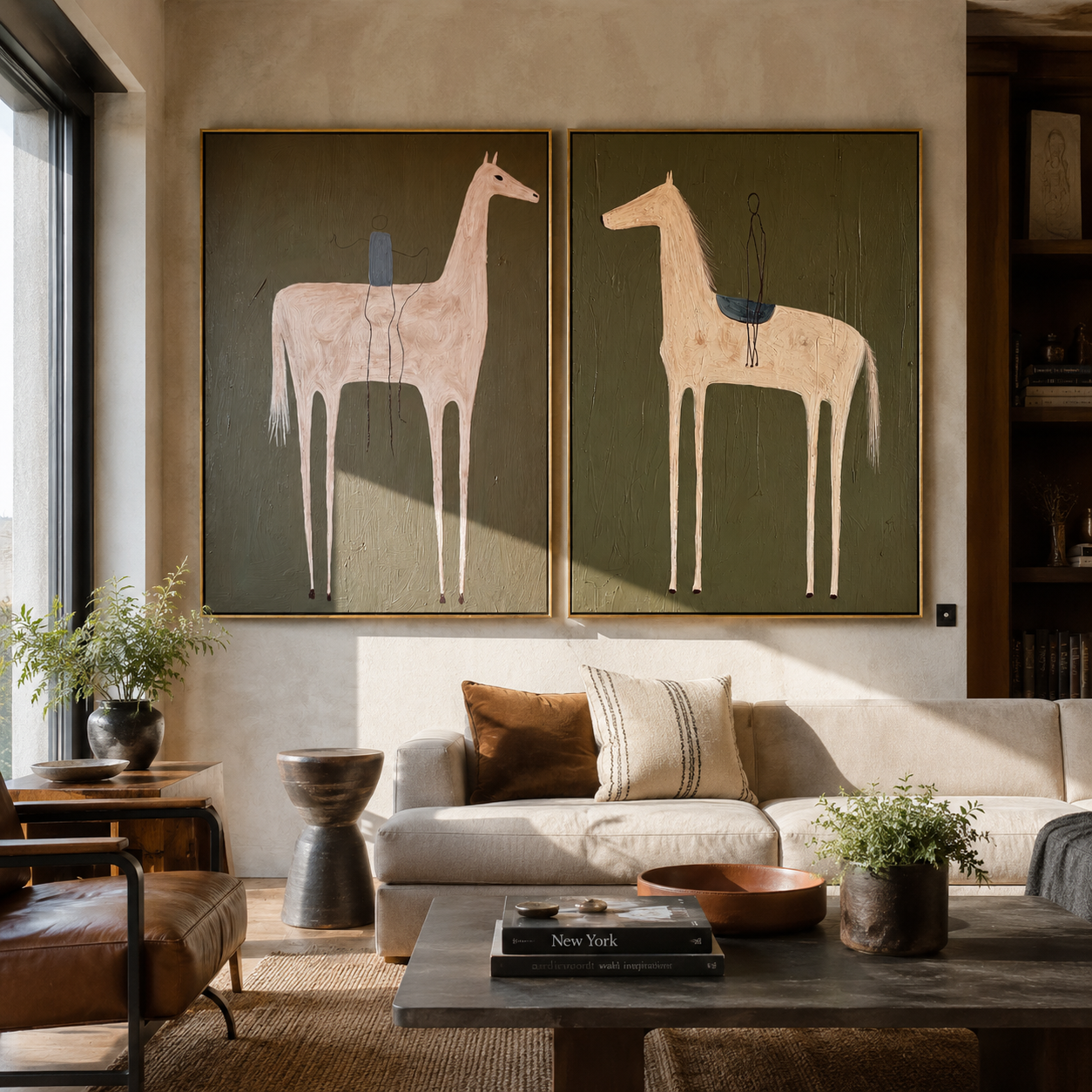 Pale Riders Reach Sky Vintage Americana diptych in a collected room