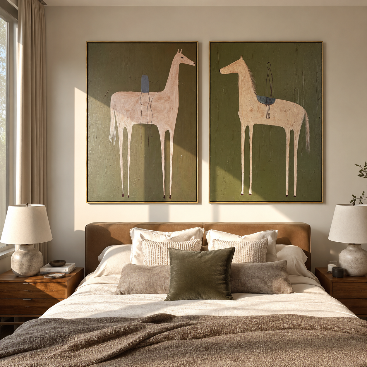 Pale Riders Reach Sky diptych presented with natural materials and decor