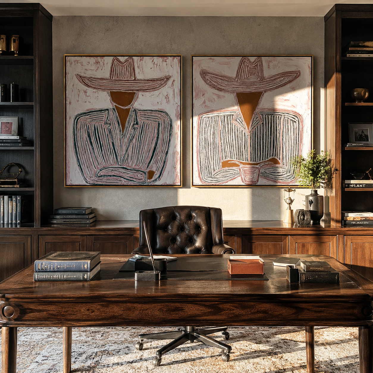 Seated Cowboys Draw Lines Western diptych displayed in a contemporary interior