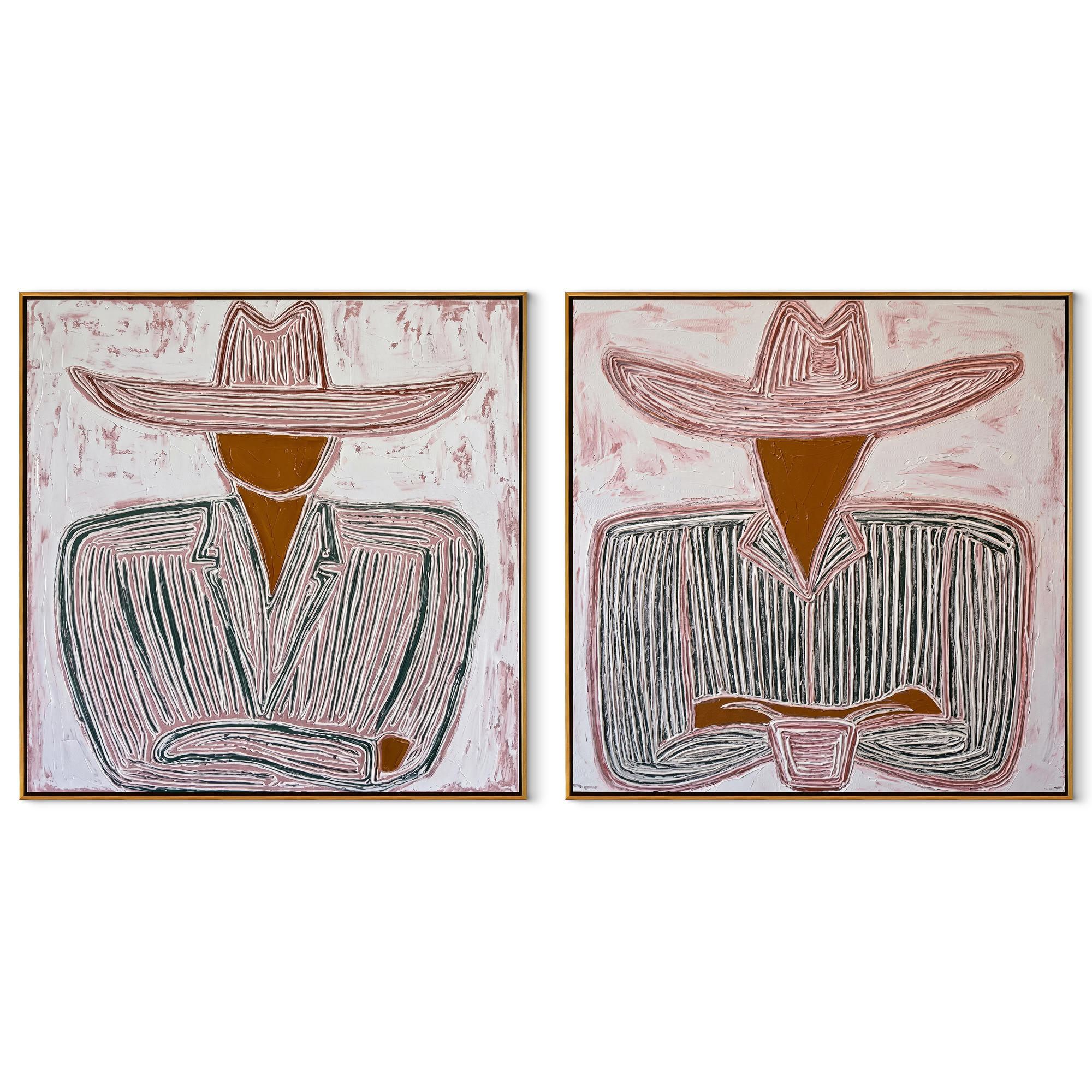 Seated Cowboys Draw Lines set of two square canvas artworks on white