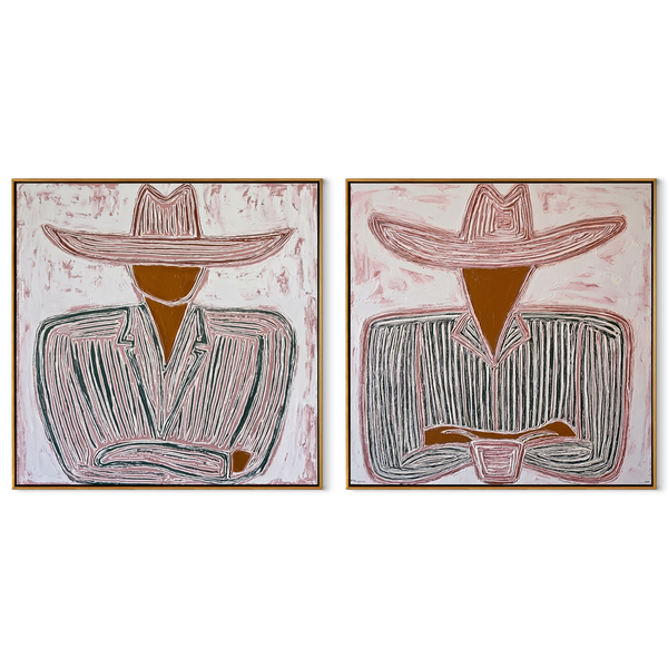 Seated Cowboys Draw Lines – pink Western Portrait Diptych Painting | Modern Vintage Americana Set of 2 Wall Art