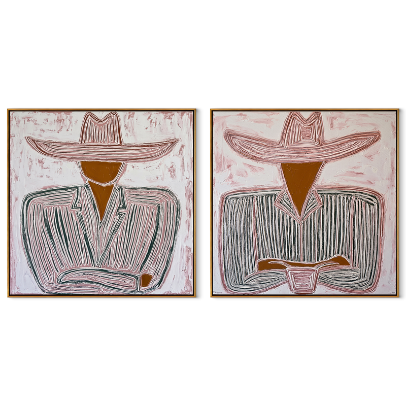 Seated Cowboys Draw Lines – pink Western Portrait Diptych Painting | Modern Vintage Americana Set of 2 Wall Art