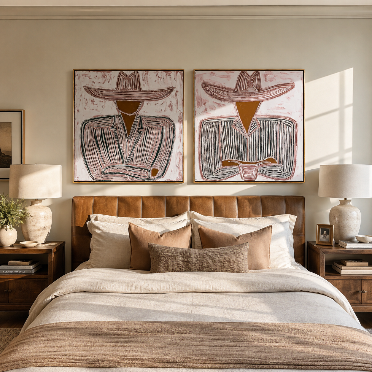 Seated Cowboys Draw Lines paired wall art styled above modern furniture