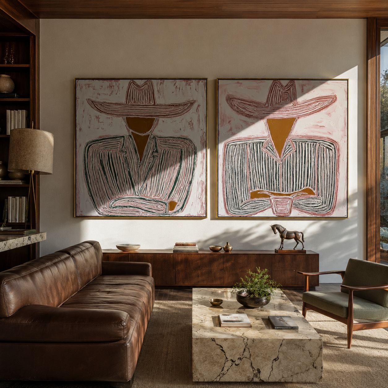 Seated Cowboys Draw Lines diptych presented with natural materials and decor